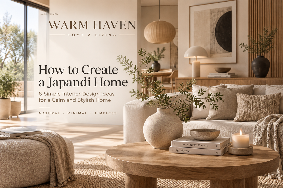 Japandi home interior with warm neutral tones, natural wood, soft textures, and minimalist decor
