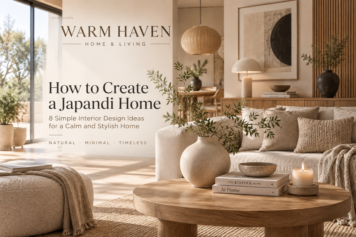 Japandi home interior with warm neutral tones, natural wood, soft textures, and minimalist decor