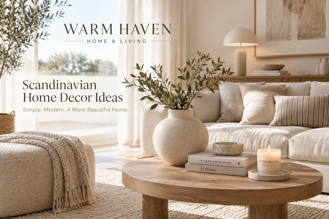 Scandinavian home decor ideas with warm neutral tones, natural textures, and modern minimalist styling