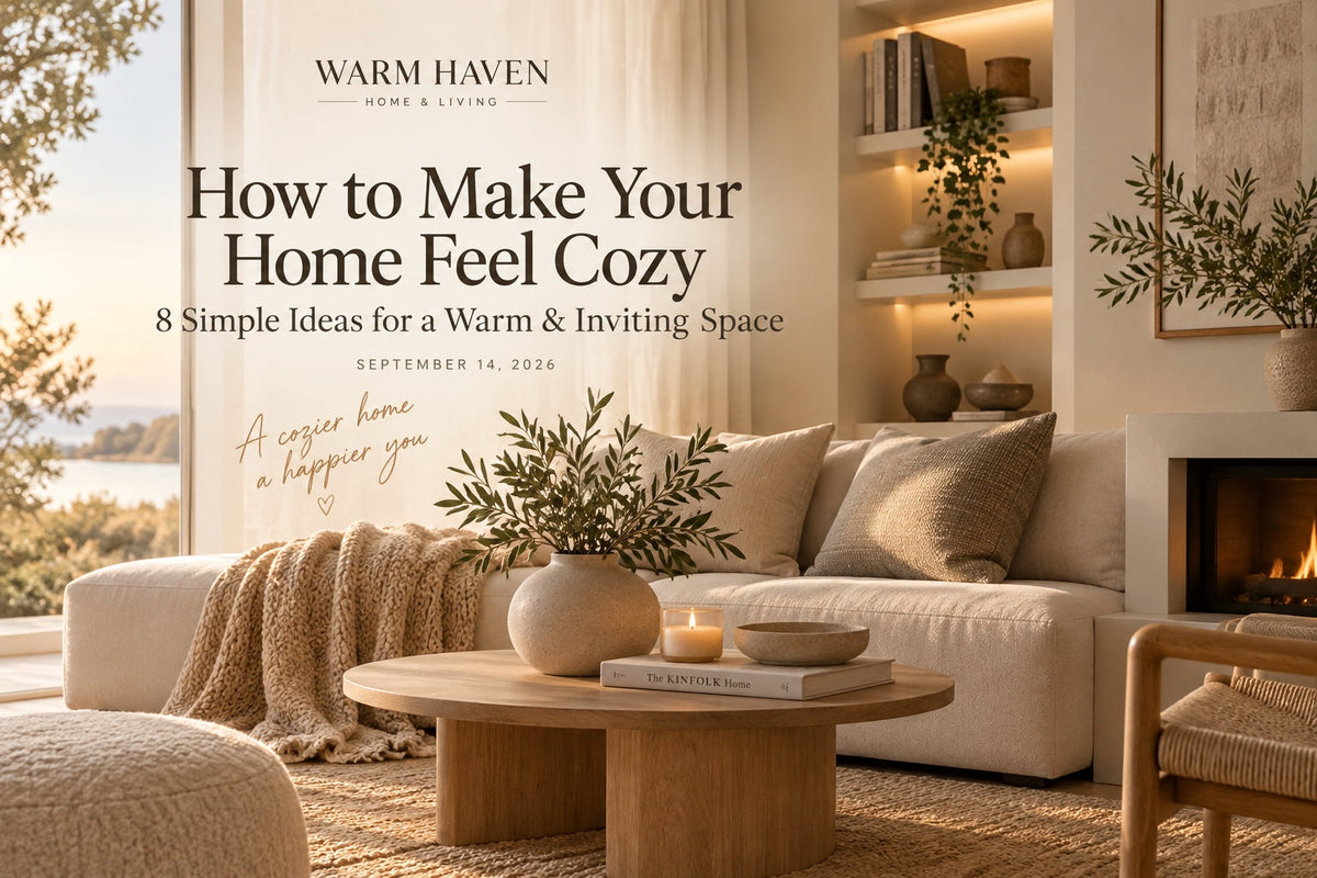 Cozy home with Scandinavian living room, natural wood, soft textiles and warm lighting