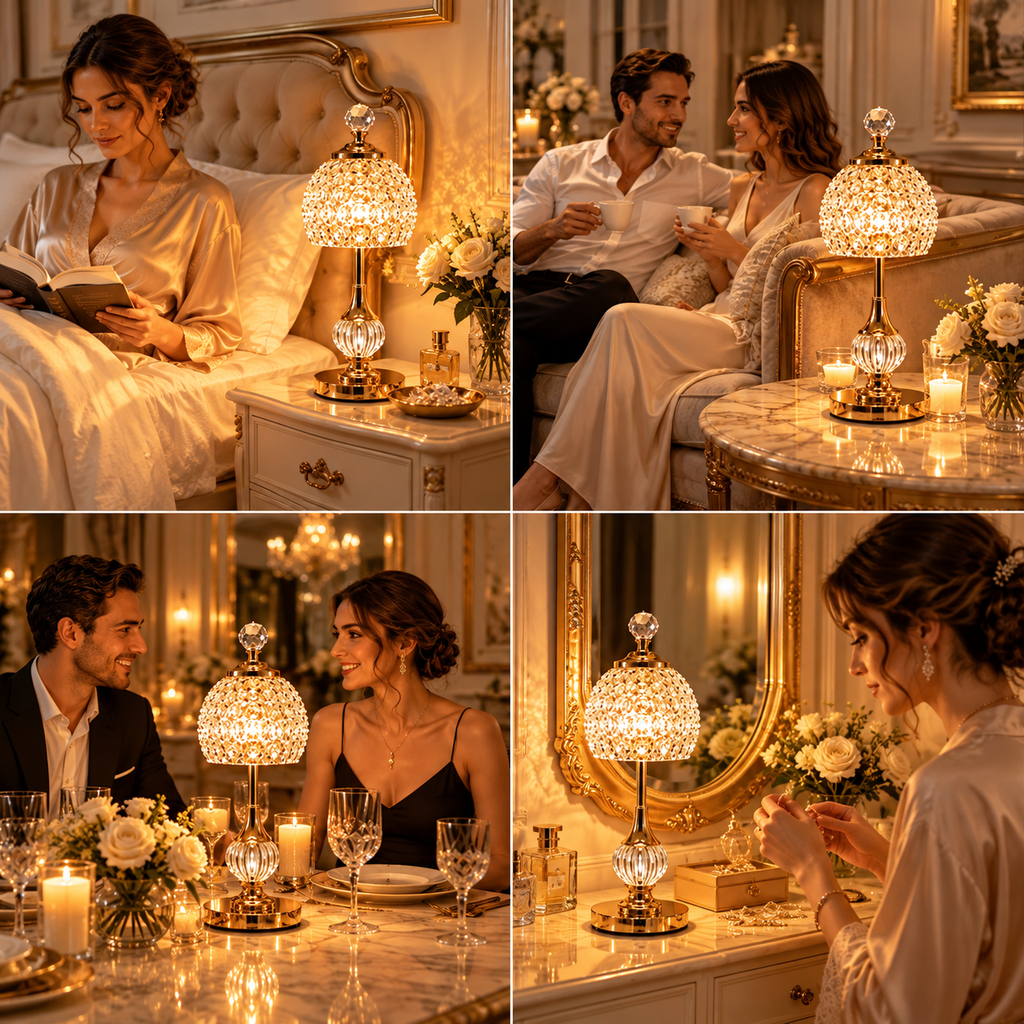 Cordless crystal table lamps with rechargeable batteries, USB-C charging, and adjustable lighting