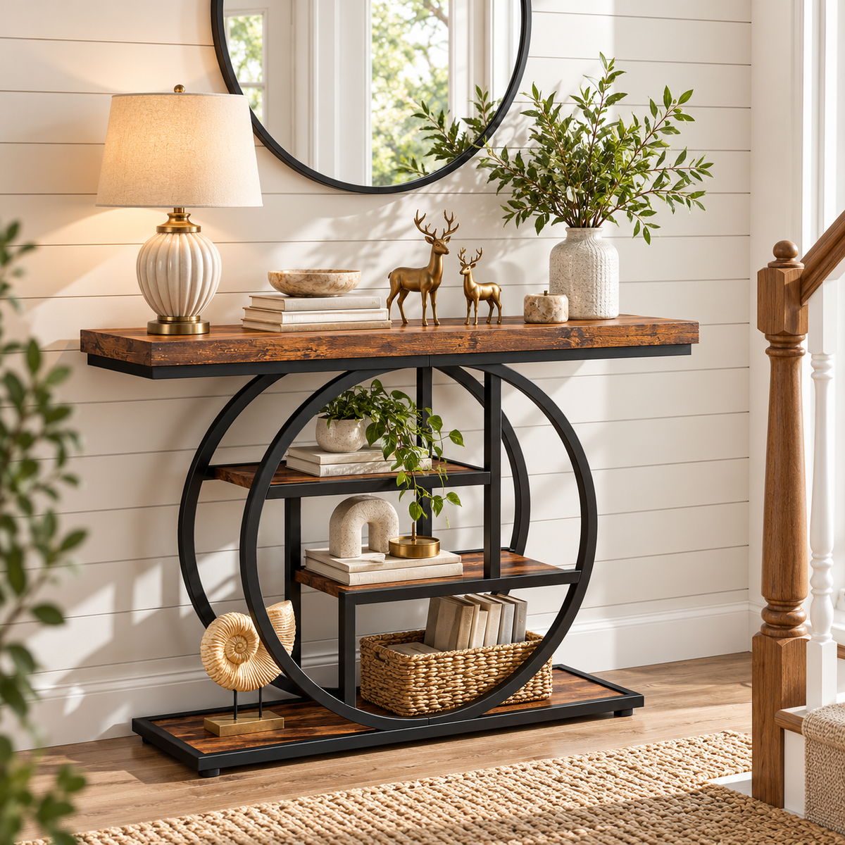 Industrial console table showing its four-tier storage design and circular metal sides