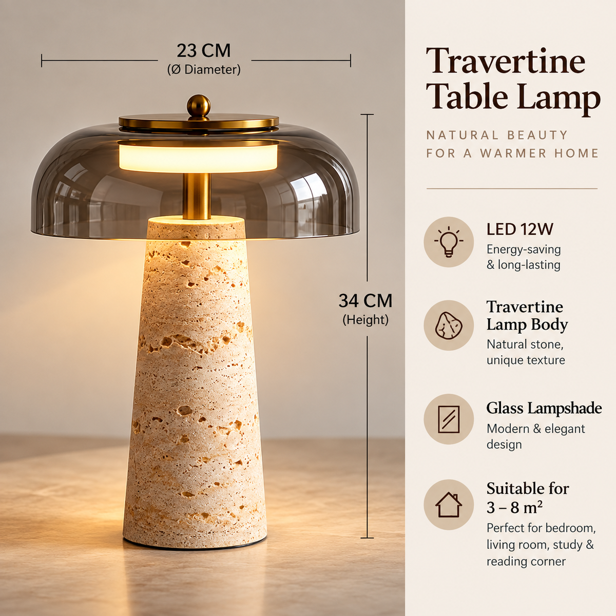 A travertine stone table lamp with a glass dome shade, shown with dimension annotations (23 cm diameter and 34 cm height) and feature callouts on a beige background.