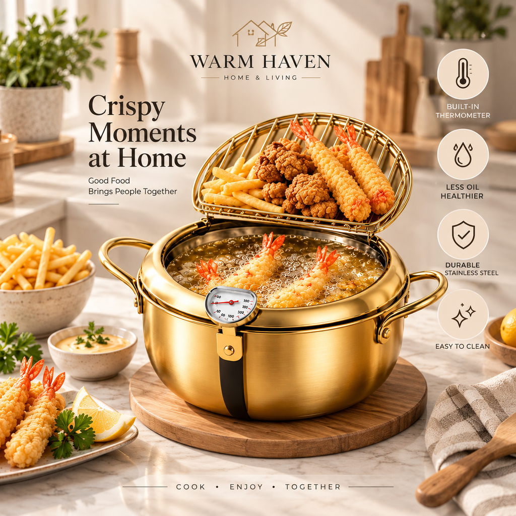 Gold deep frying pot with thermometer in 20 cm size