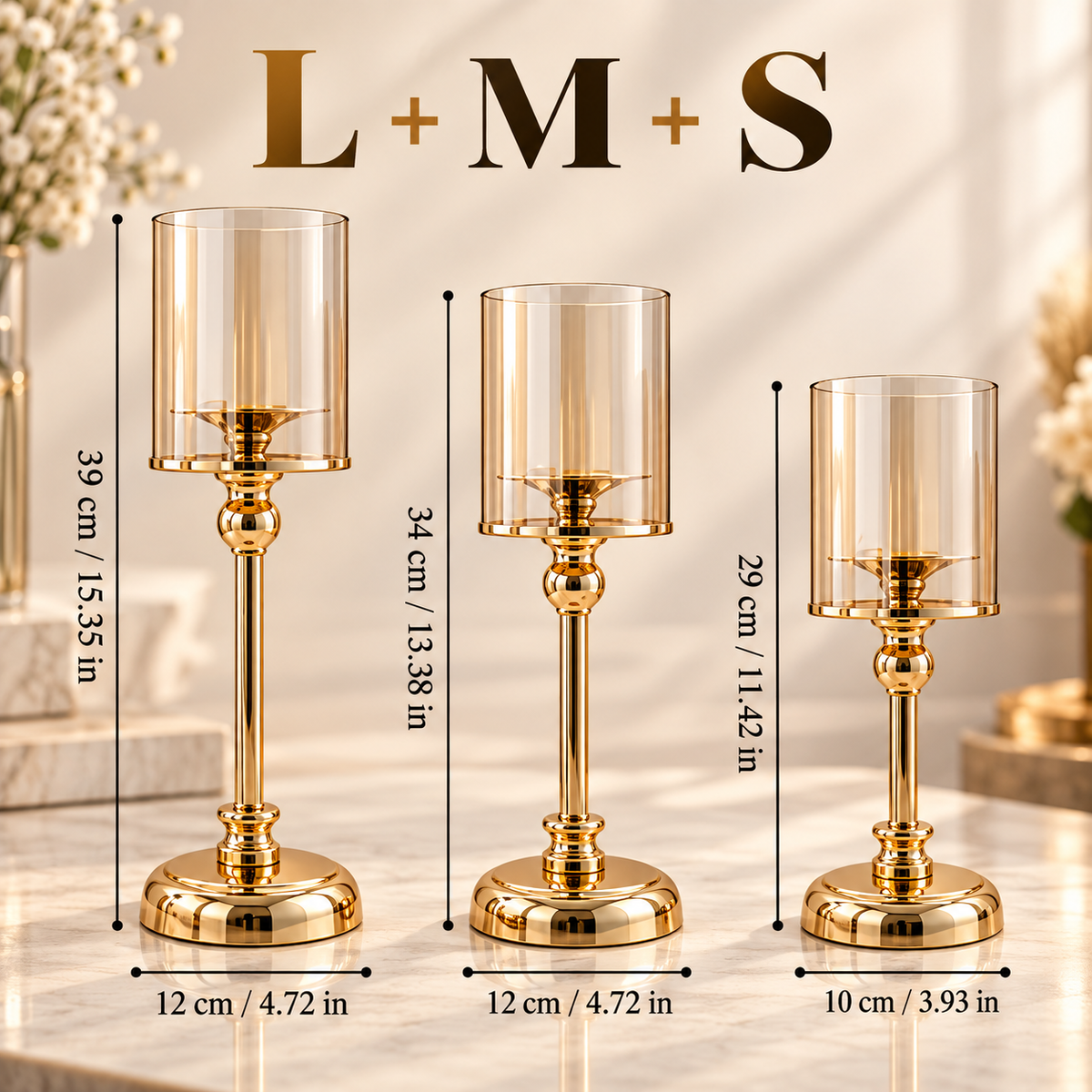Glass pillar candle holders in gold shown in three sizes with elegant metal bases and clear glass shades
