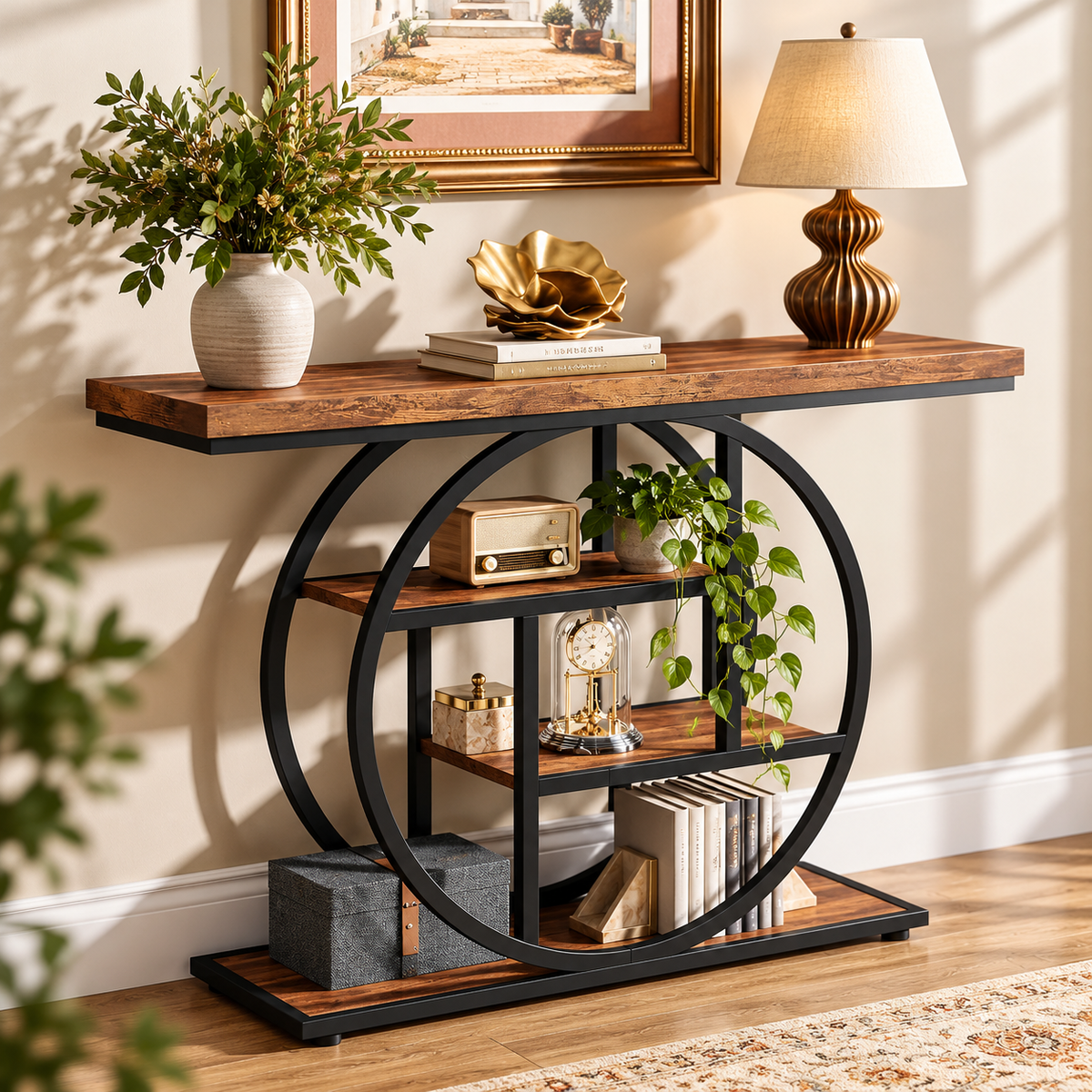 Four-tier industrial console table with a rustic finish and decorative metal frame