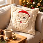3D Santa Christmas cushion covers with a fluffy white beard and red hat on a cozy armchair.