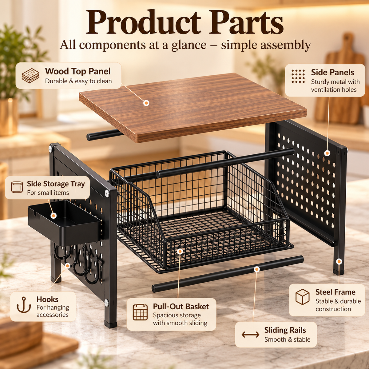 2-tier kitchen countertop organizer with pull-out basket styled with a coffee maker in a modern kitchen
