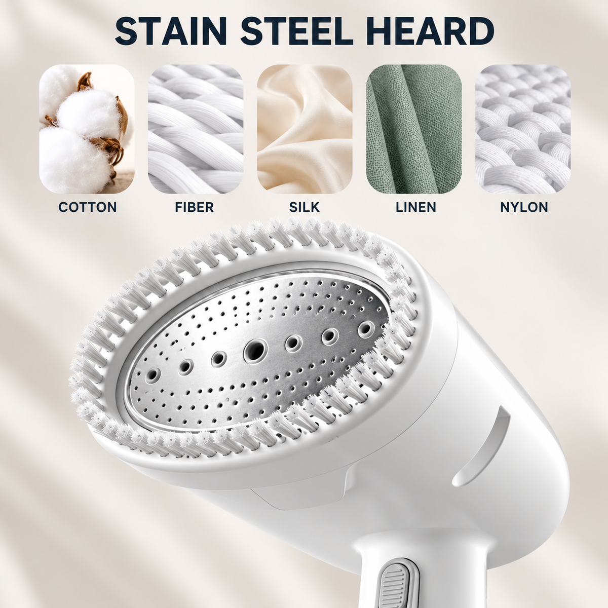 handheld garment steamer with black and gold design, brush attachment and storage box