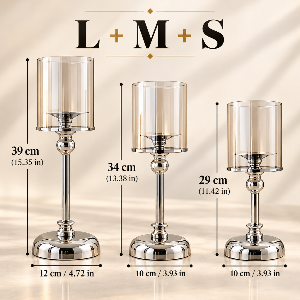 Glass pillar candle holders in three different sizes arranged together as a decorative set
