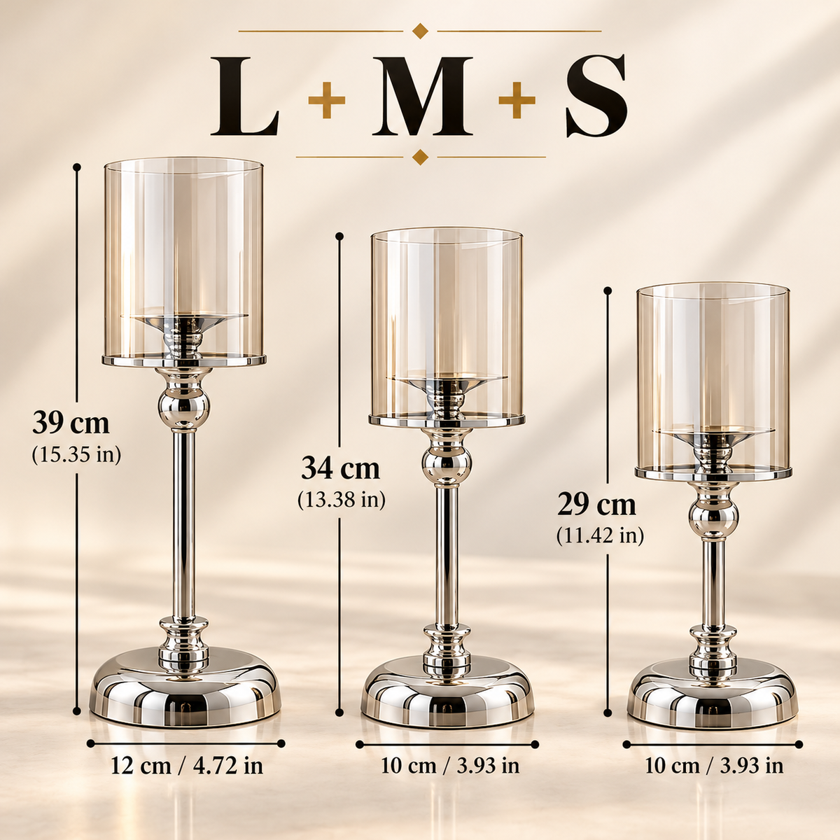 Glass pillar candle holders in three different sizes arranged together as a decorative set