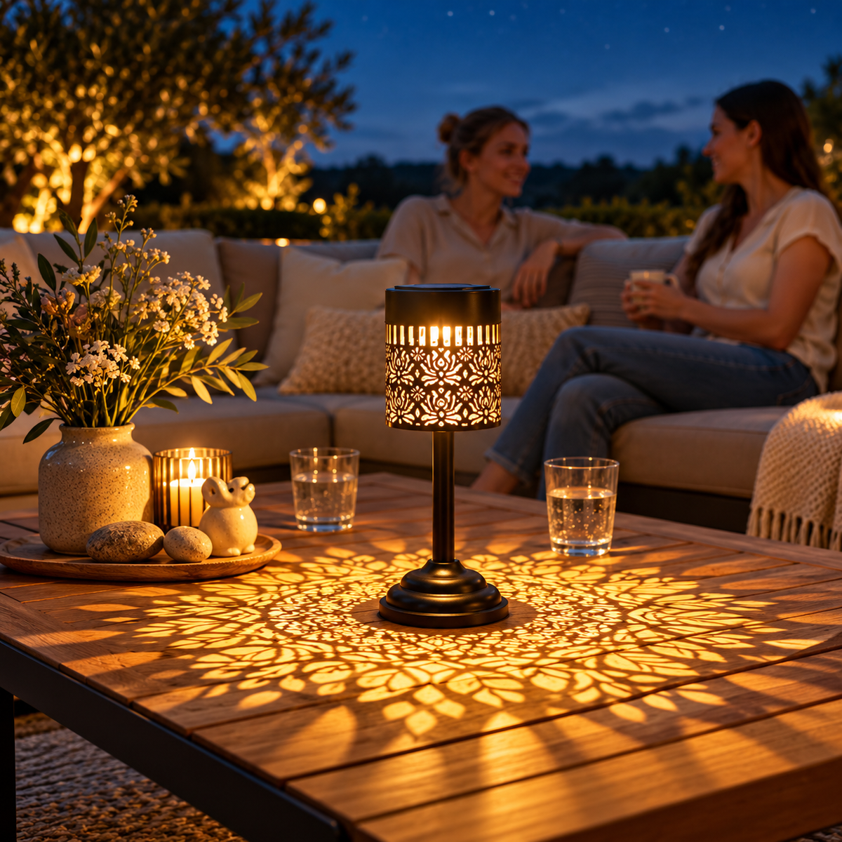 Two solar table lanterns with warm white light and decorative floral patterns on an outdoor patio table