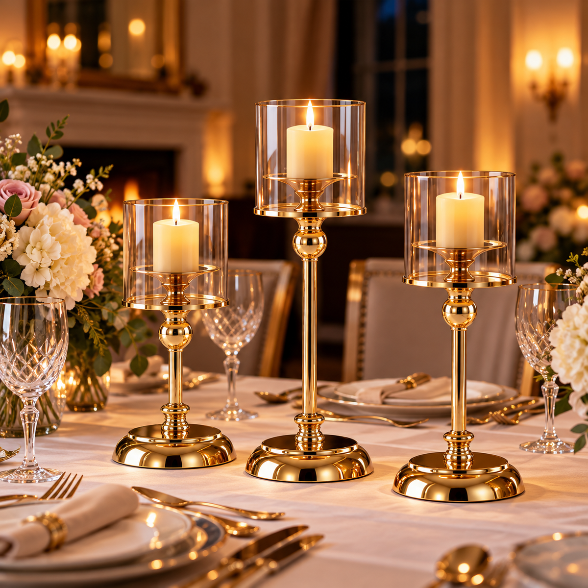 Glass pillar candle holders in gold displayed on an elegant dining table with warm candlelight and floral decor