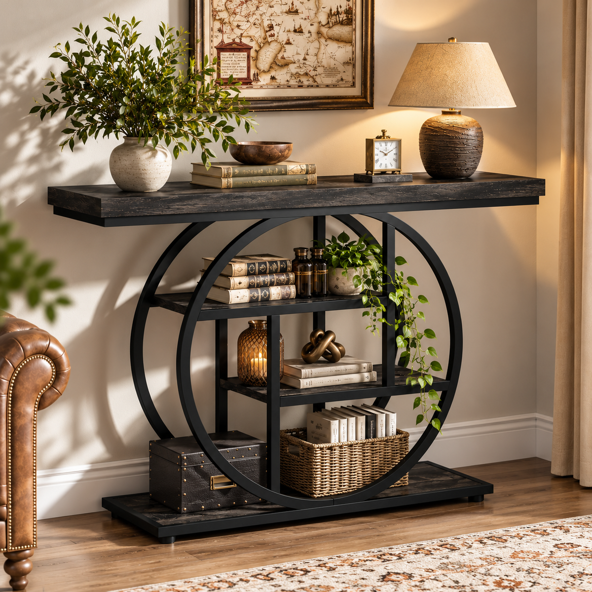 Industrial console table with circular metal frame and rustic wood shelves in a stylish living room