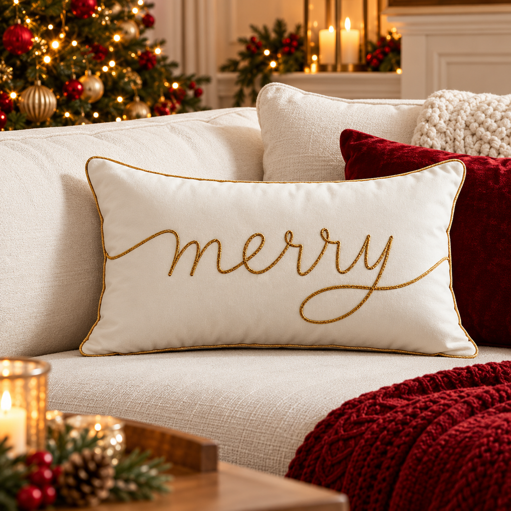 Merry Christmas Cushion Cover in beige with gold embroidery