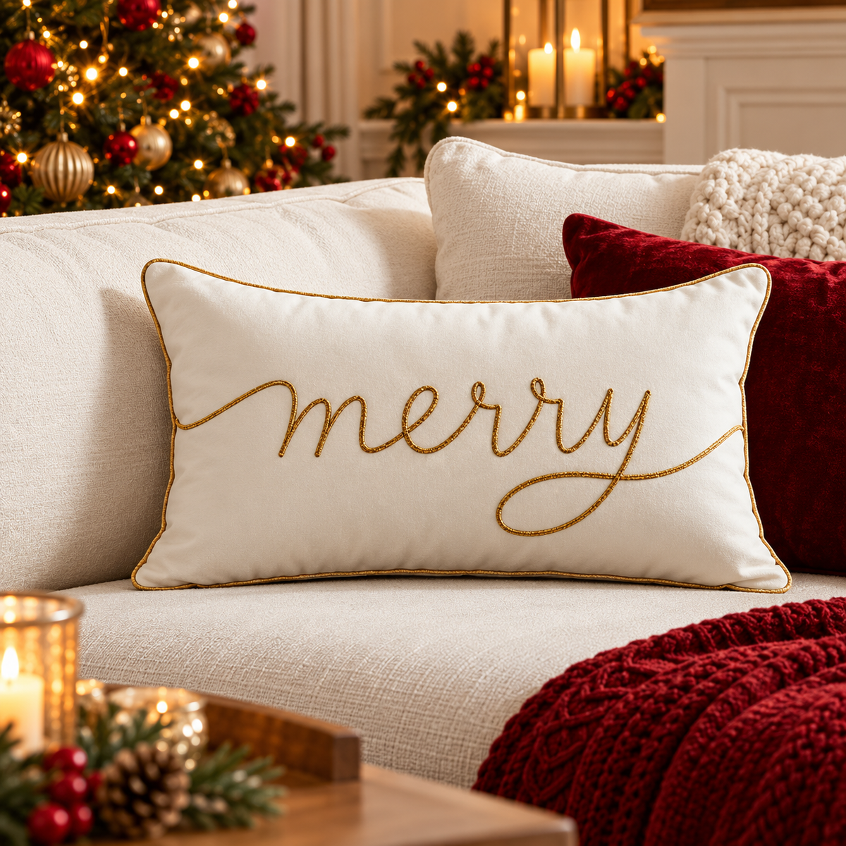 Merry Christmas Cushion Cover in beige with gold embroidery