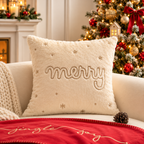 Christmas Faux Rabbit Fur Pillow Cover with an embroidered snowman and winter snowflakes