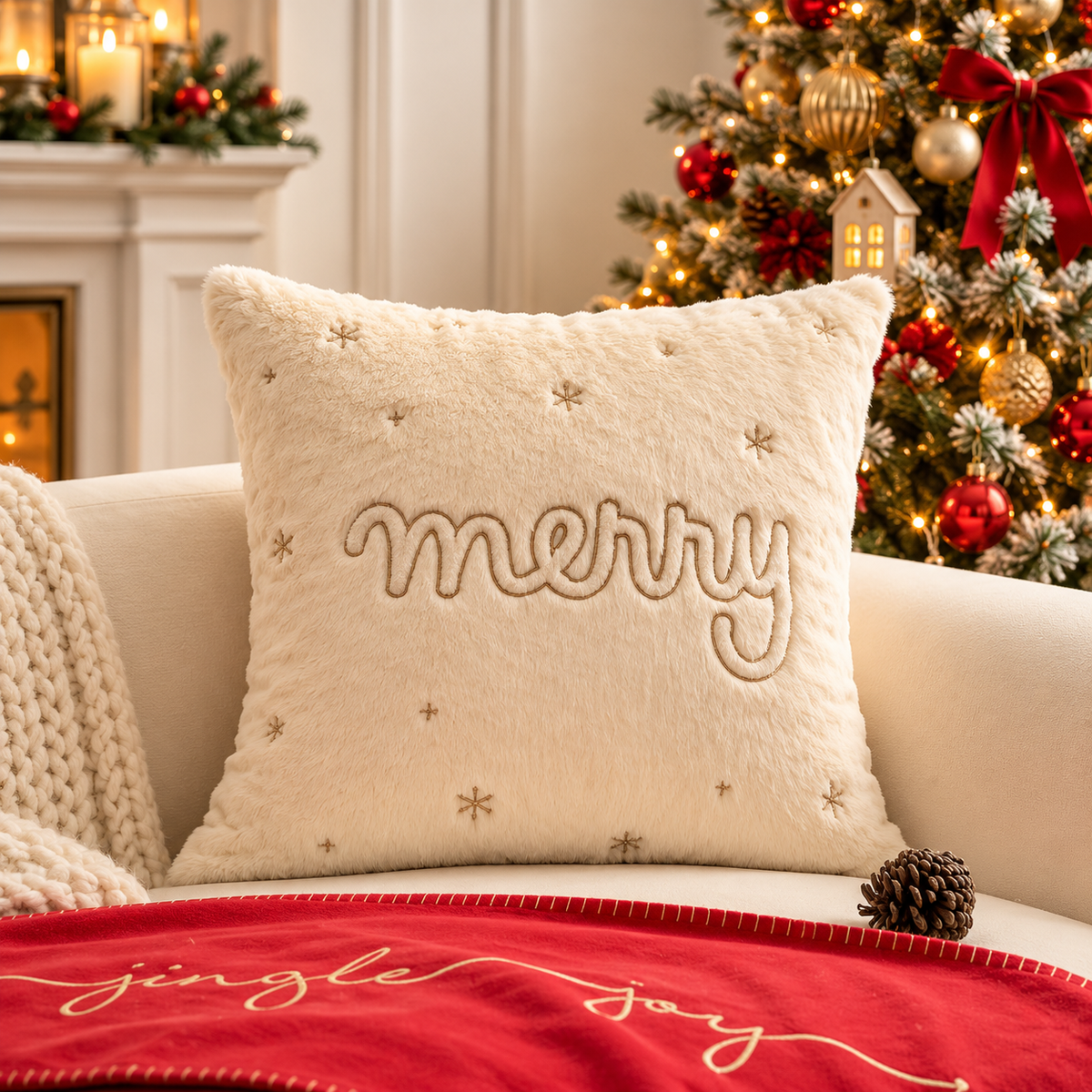 Christmas Faux Rabbit Fur Pillow Cover with an embroidered snowman and winter snowflakes