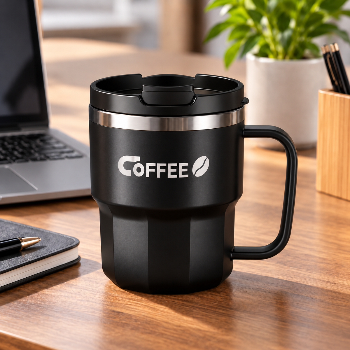 Insulated Coffee Mug with Lid & Handle – Stainless Steel white mug showing its dimensions and 400 ml capacity