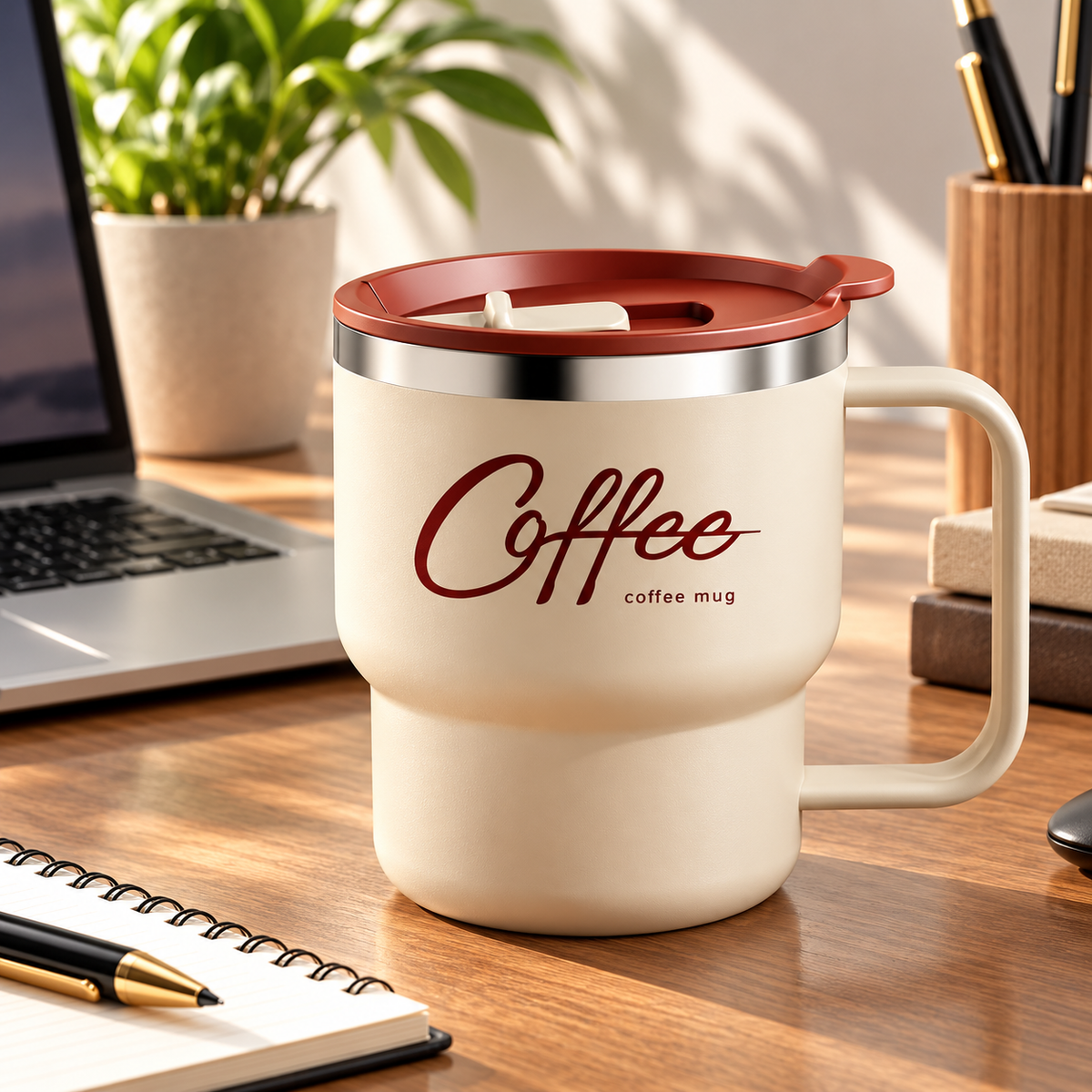 Insulated Coffee Mug with Lid & Handle – Stainless Steel cream mug with red lid and handle on a wooden office desk