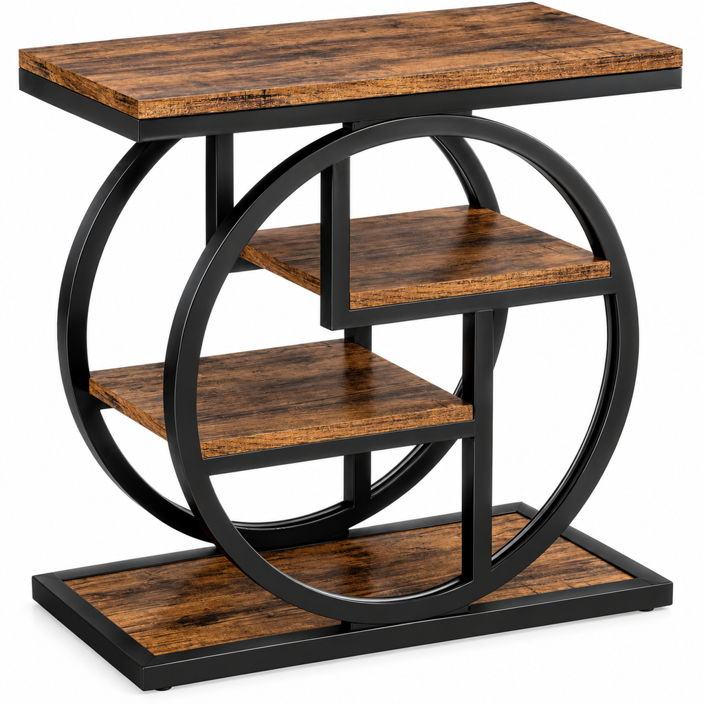 4-tier narrow end table used as a bedside table with flowers, books and storage basket