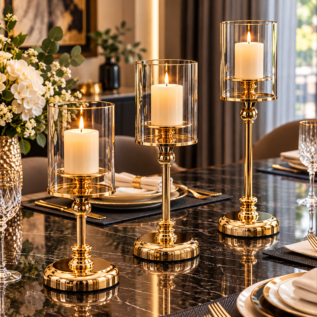 Gold glass pillar candle holders displayed on a sophisticated dining table with candles and decorative flowers