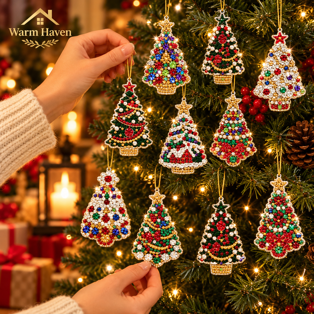 DIY Christmas diamond painting kit with colourful Christmas tree ornaments displayed on a decorated tree