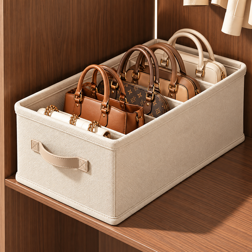 Handbag storage organizer box in beige fabric with a sturdy handle and neatly stored handbags