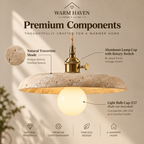 Yellow stone pendant light showing stone shade, brass lamp cap and E27 bulb fitting