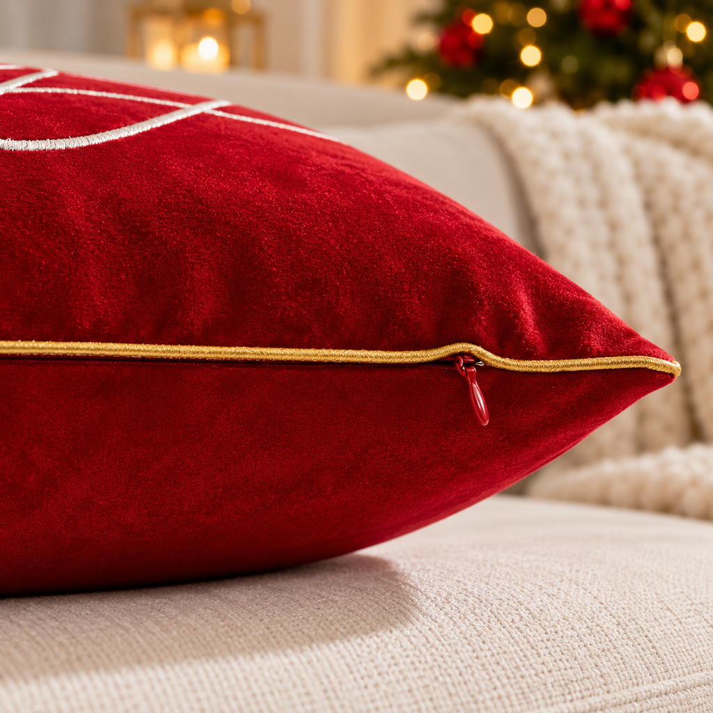 Merry Christmas Cushion Cover in red with festive embroidery