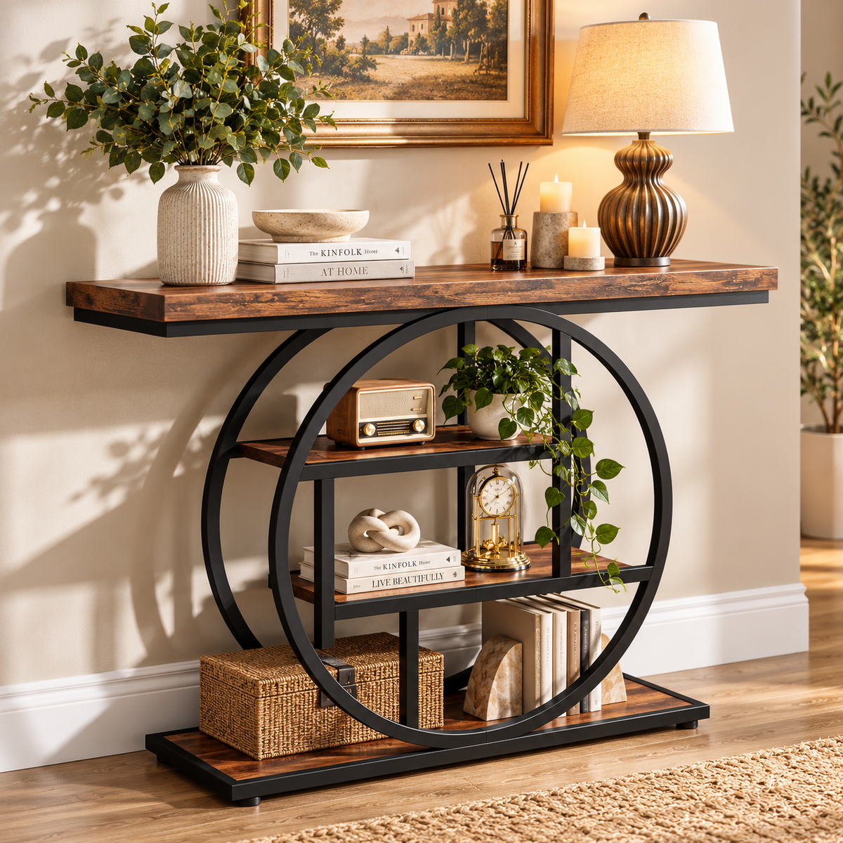 Rustic wood industrial console table with round black metal frame and lower display shelf