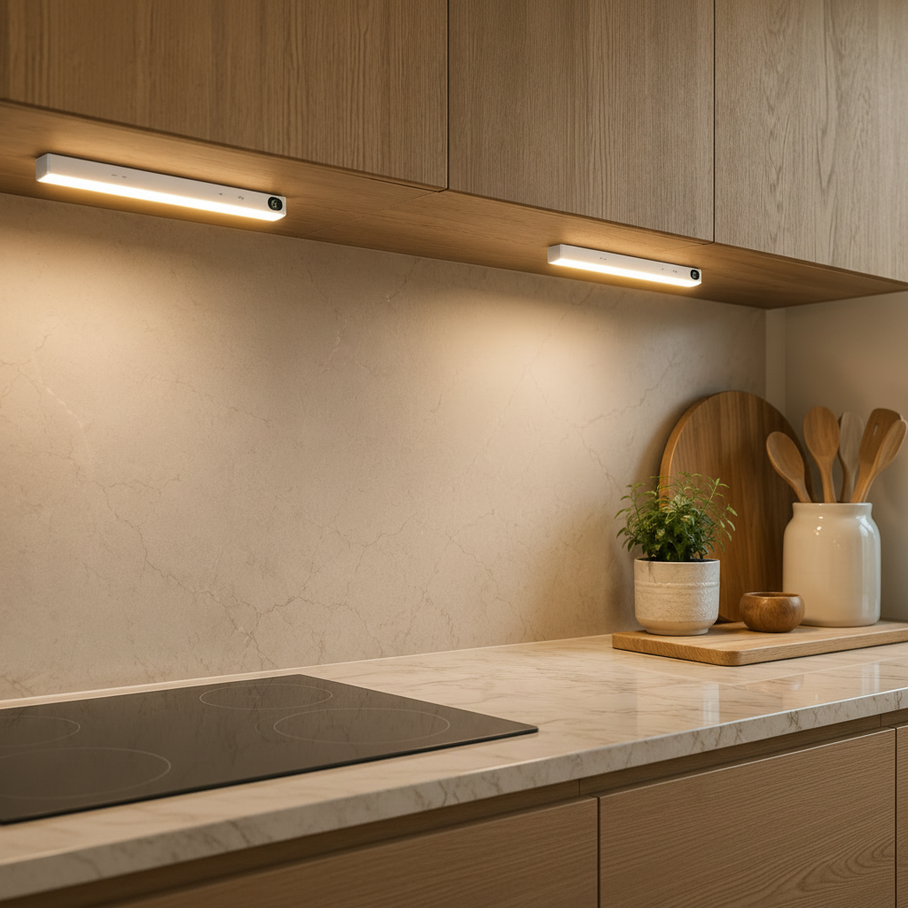 Two modern linear under-cabinet LED lights mounted on a wooden kitchen cabinet shelf, illuminating a beige stone backsplash and marble countertop with kitchen accessories.