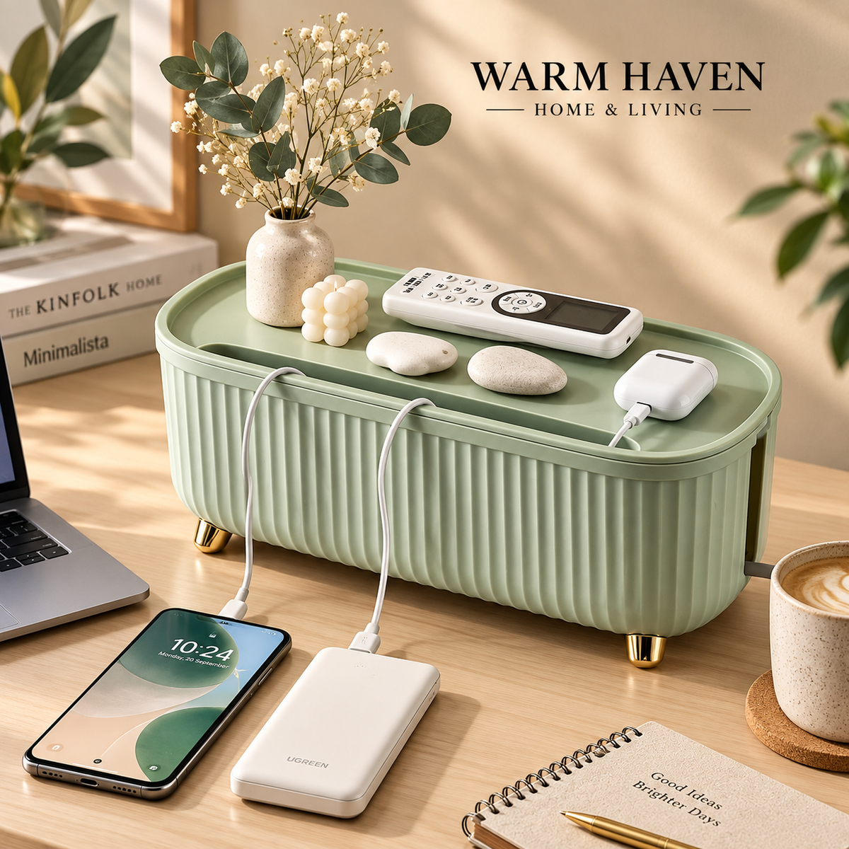 Cable management box in sage green on a Scandinavian desk with cables neatly organized