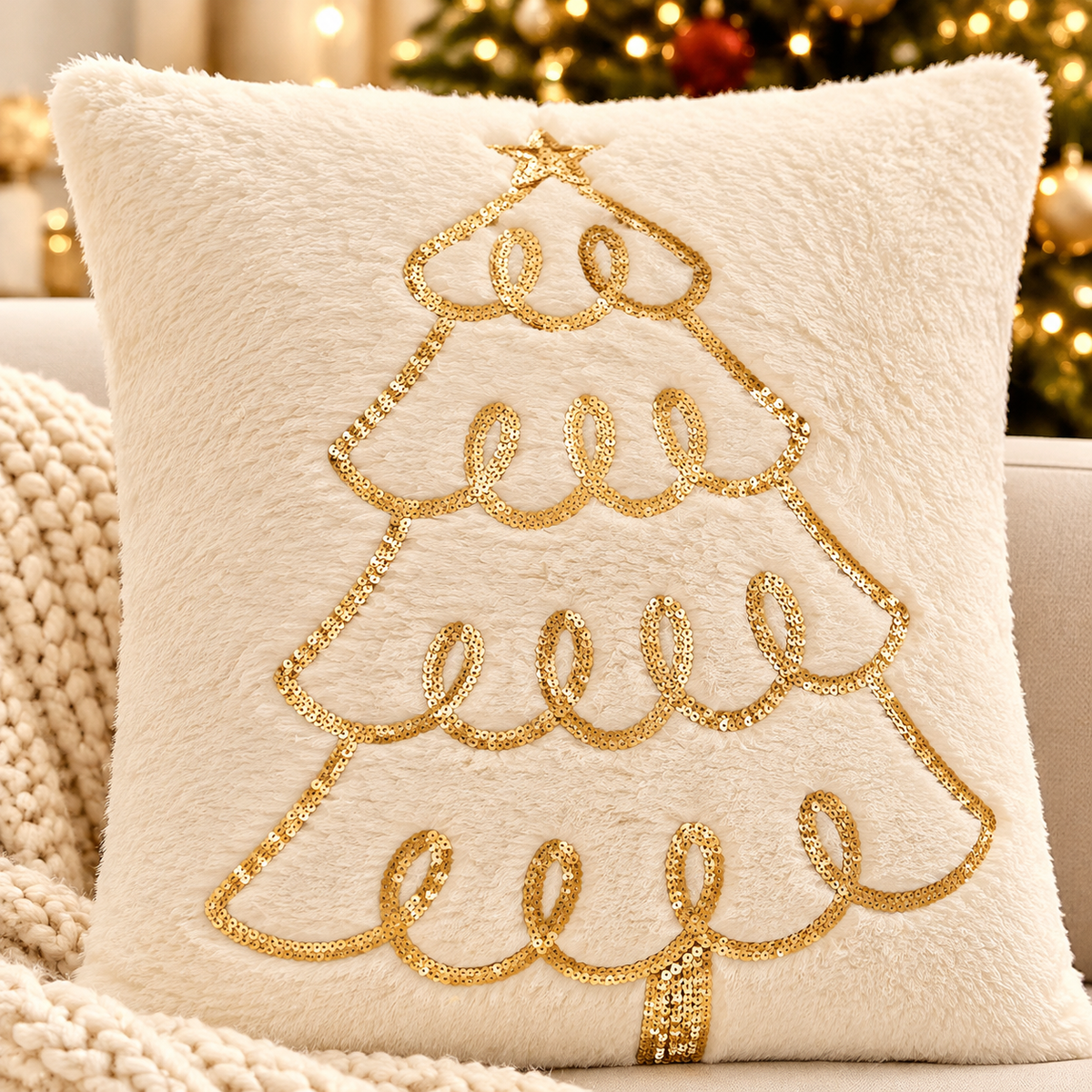 Close-up of a Christmas faux fur pillow cover showing its gold embroidered reindeer detail
