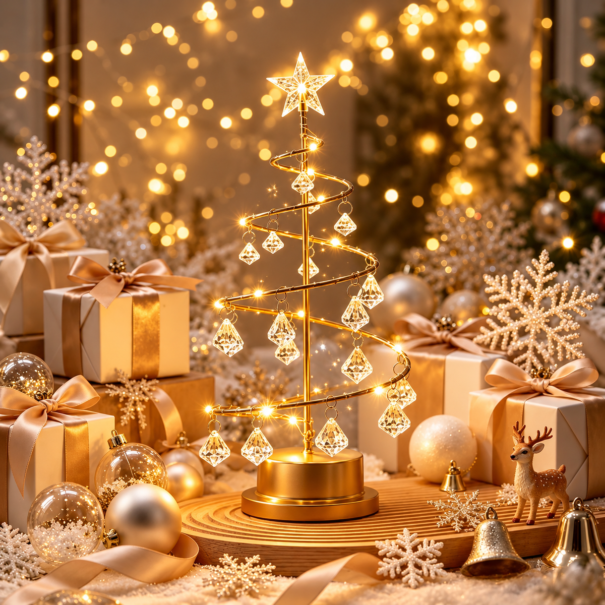Warm white LED gold crystal Christmas tree lamp with crystal ornaments surrounded by elegant golden Christmas decorations