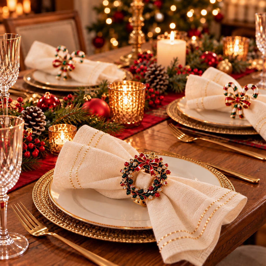 Christmas napkin rings adding a festive touch to cream napkins and gold-rimmed plates