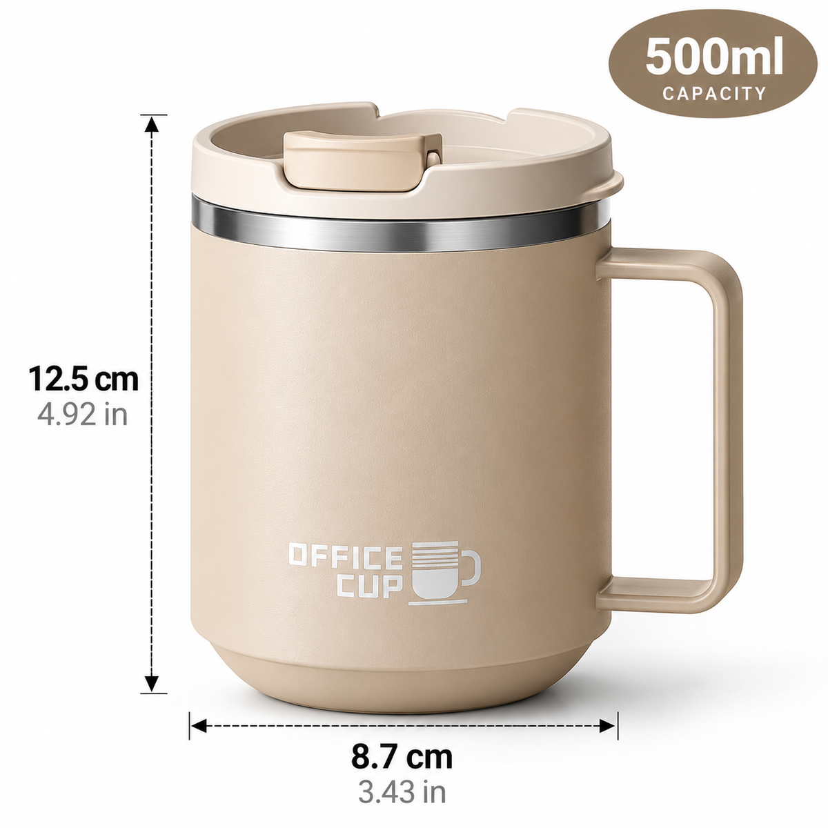 Stainless steel thermal coffee mug with handle in beige