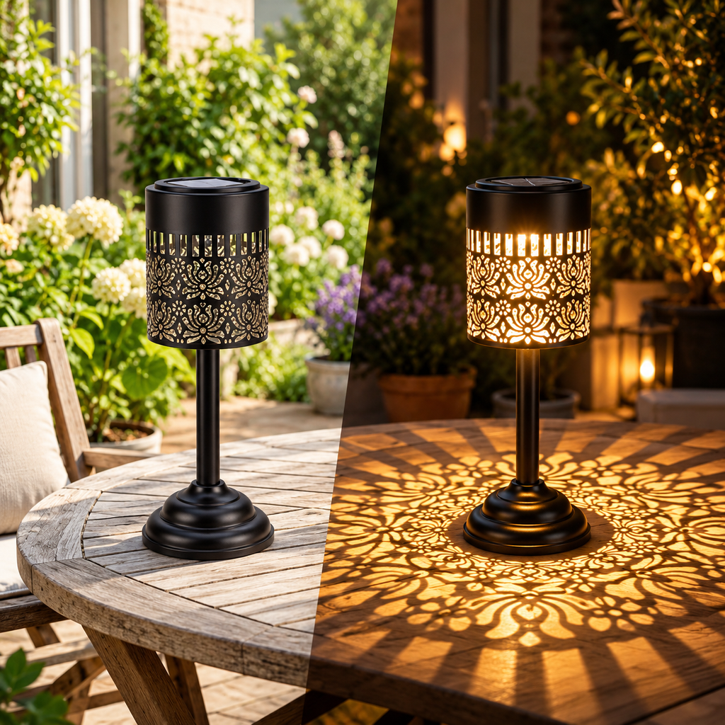Two solar table lanterns with warm white light and decorative floral patterns on an outdoor patio table