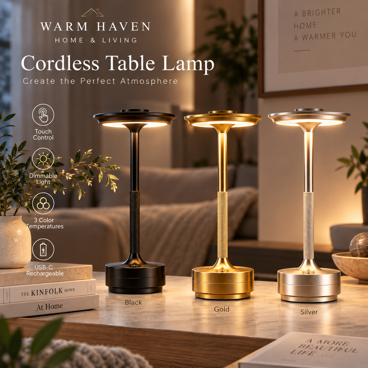 Cordless rechargeable table lamp in black, gold and silver with warm LED lighting in a modern home