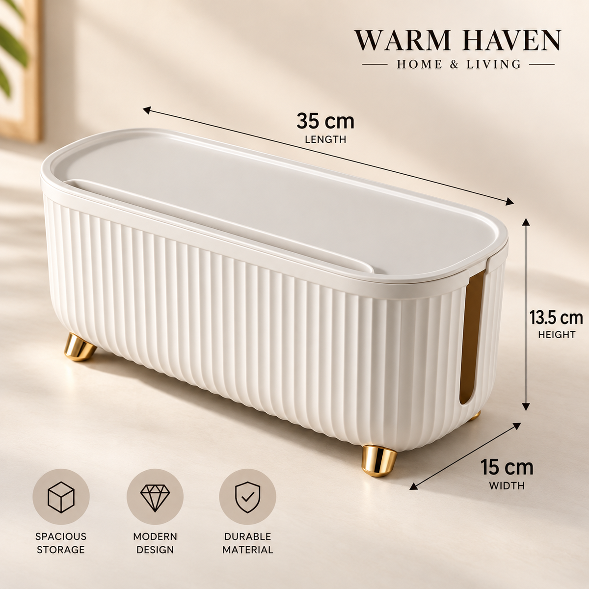 White cable management box with 35 cm length, 15 cm width and 13.5 cm height dimensions