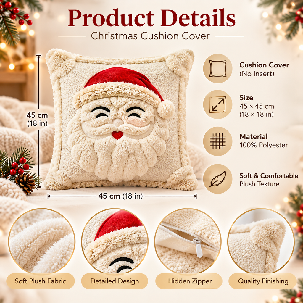 Christmas cushion covers product details showing the 3D Santa design, plush texture and decorative features.