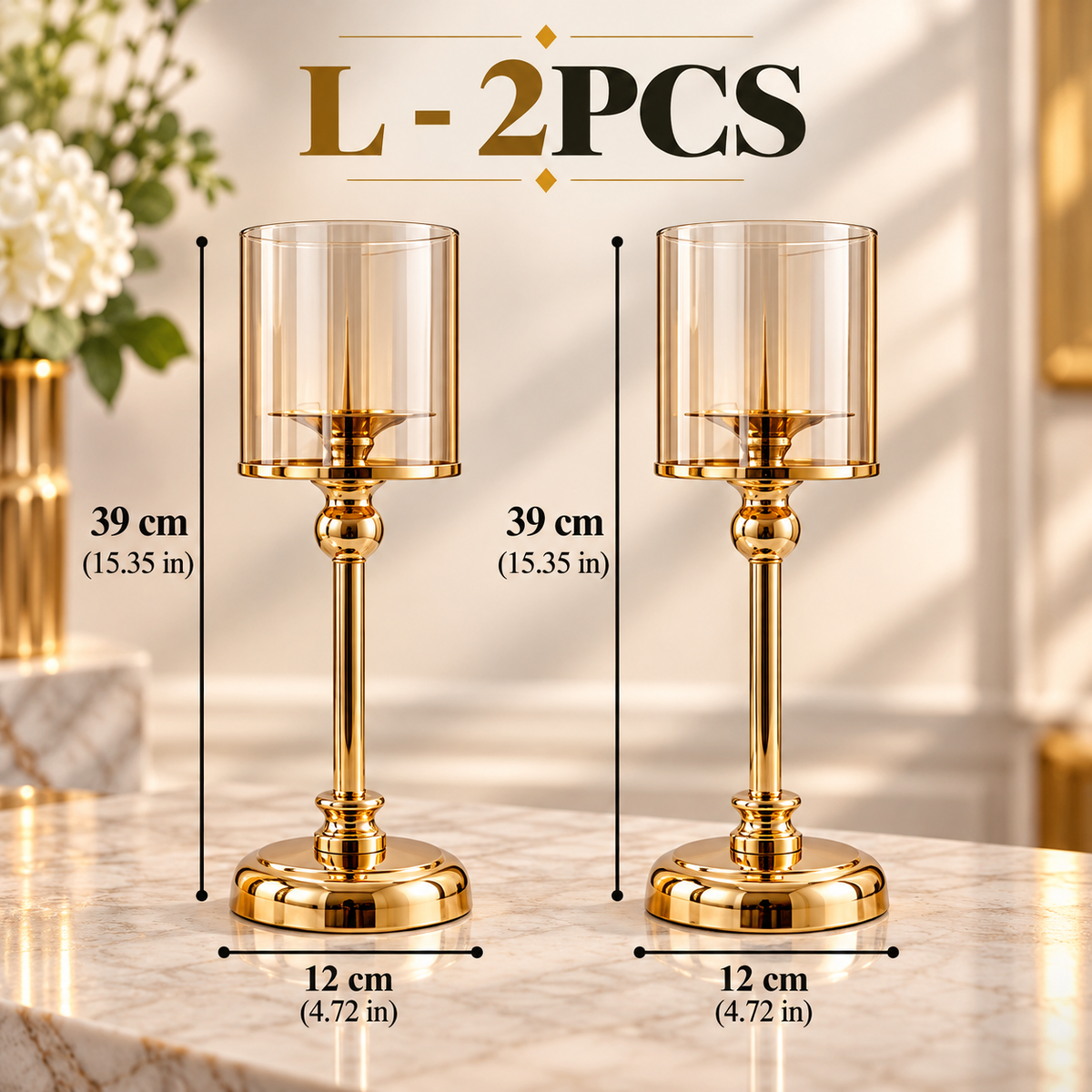 Large silver glass pillar candle holders set of two with clear glass cylinders and polished bases