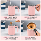 self-stirring coffee mug demonstrating four simple steps for adding liquid, switching on and mixing