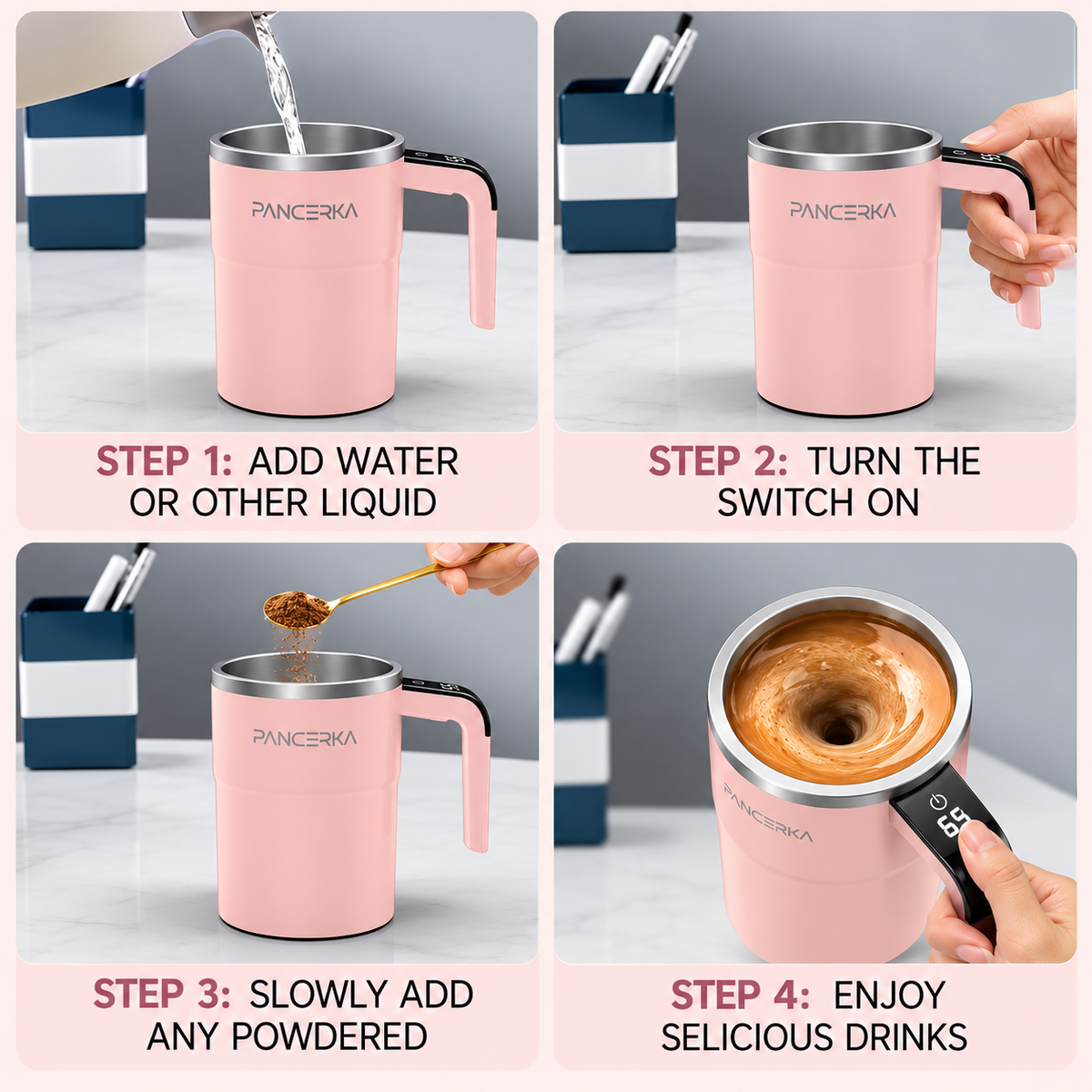 self-stirring coffee mug demonstrating four simple steps for adding liquid, switching on and mixing
