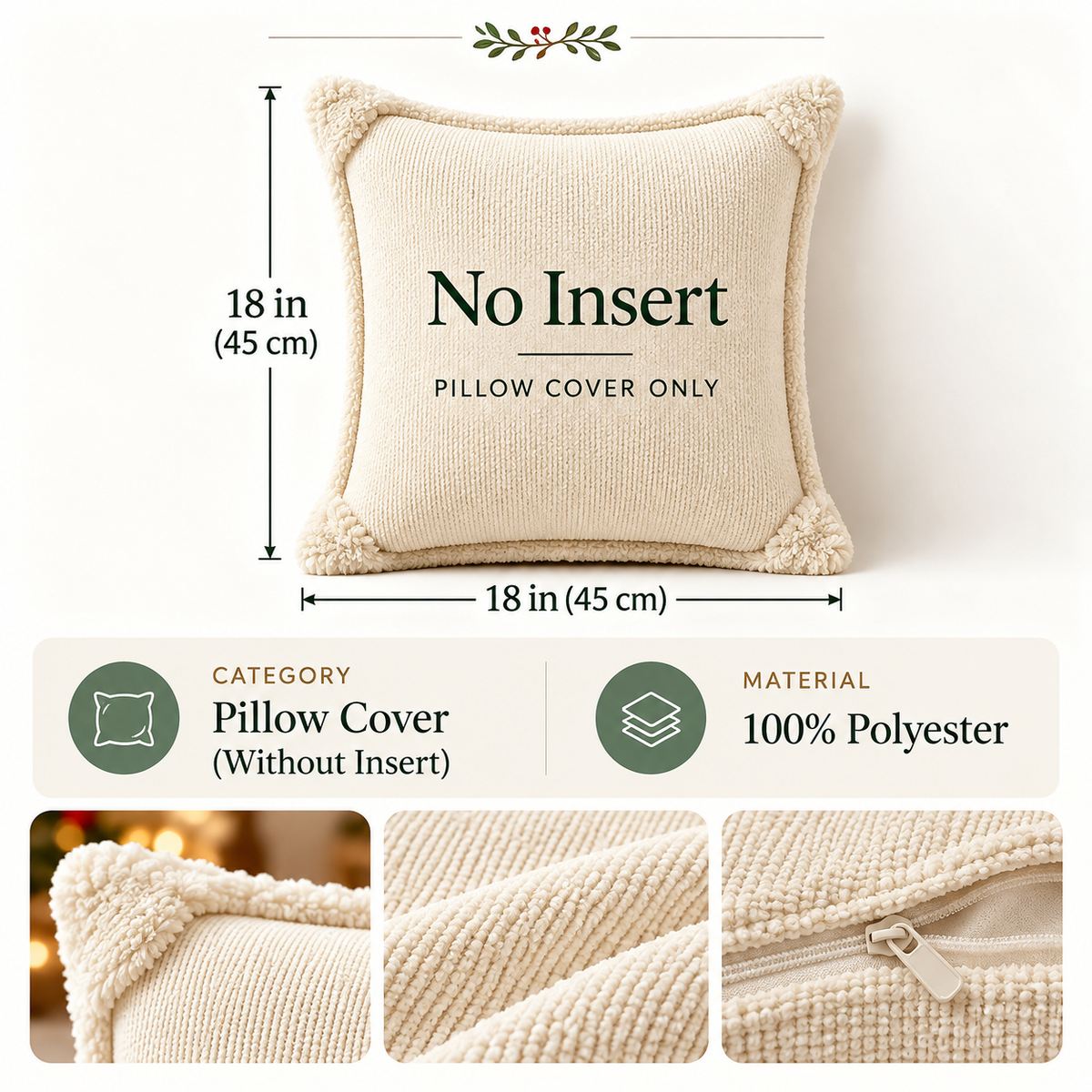 Embroidered Christmas pillow covers with a no-insert design, measuring 45 x 45 cm and made from 100% polyester.