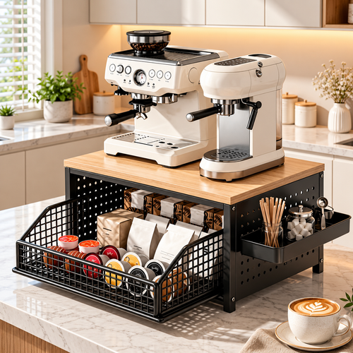 2-tier kitchen countertop organizer with pull-out basket styled with a coffee maker in a modern kitchen