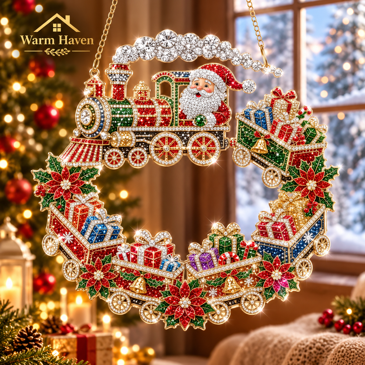 DIY Christmas hanging ornaments featuring a detailed Christmas village scene