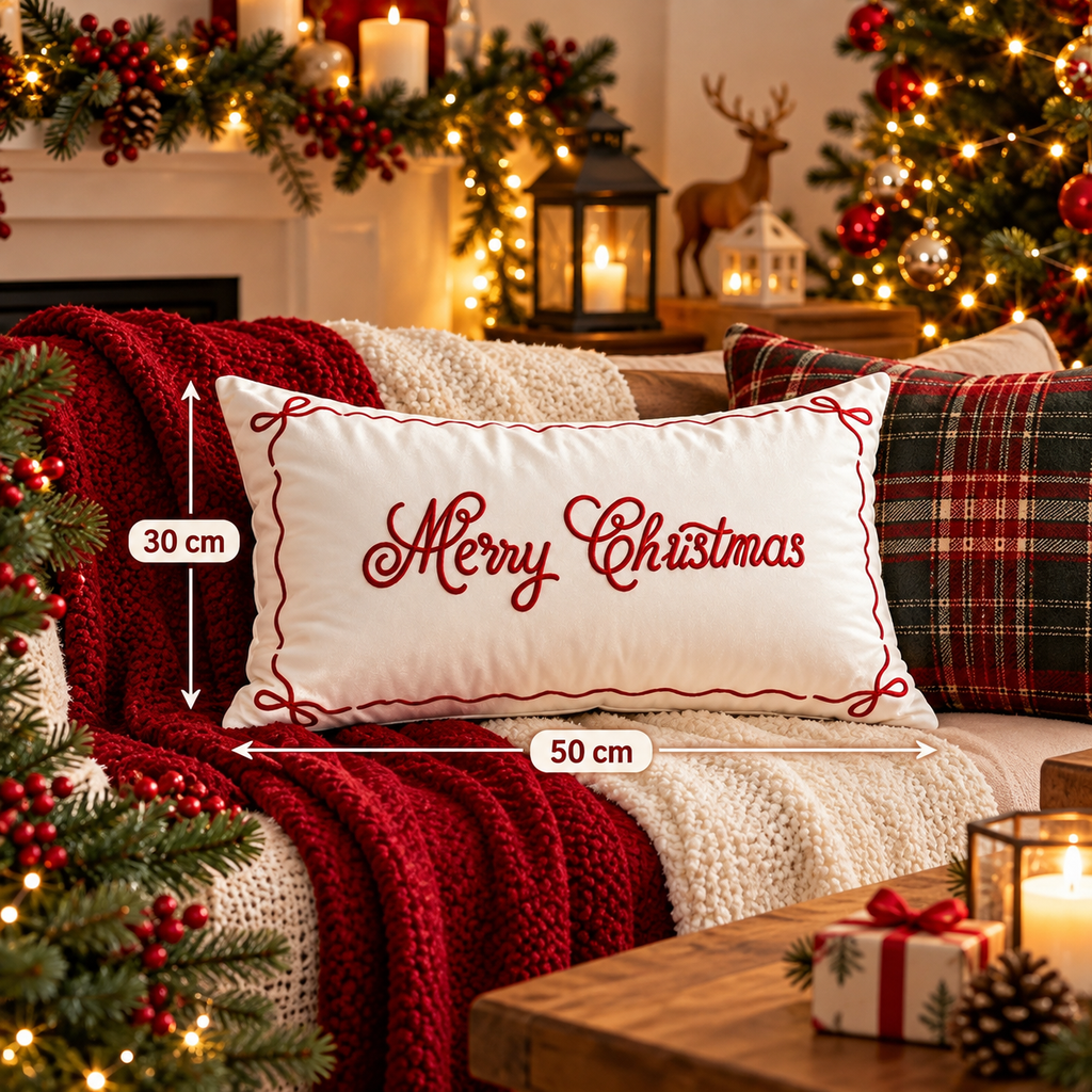 Christmas pillow covers in red and white with Merry Christmas embroidery, styled in a warm holiday living room.