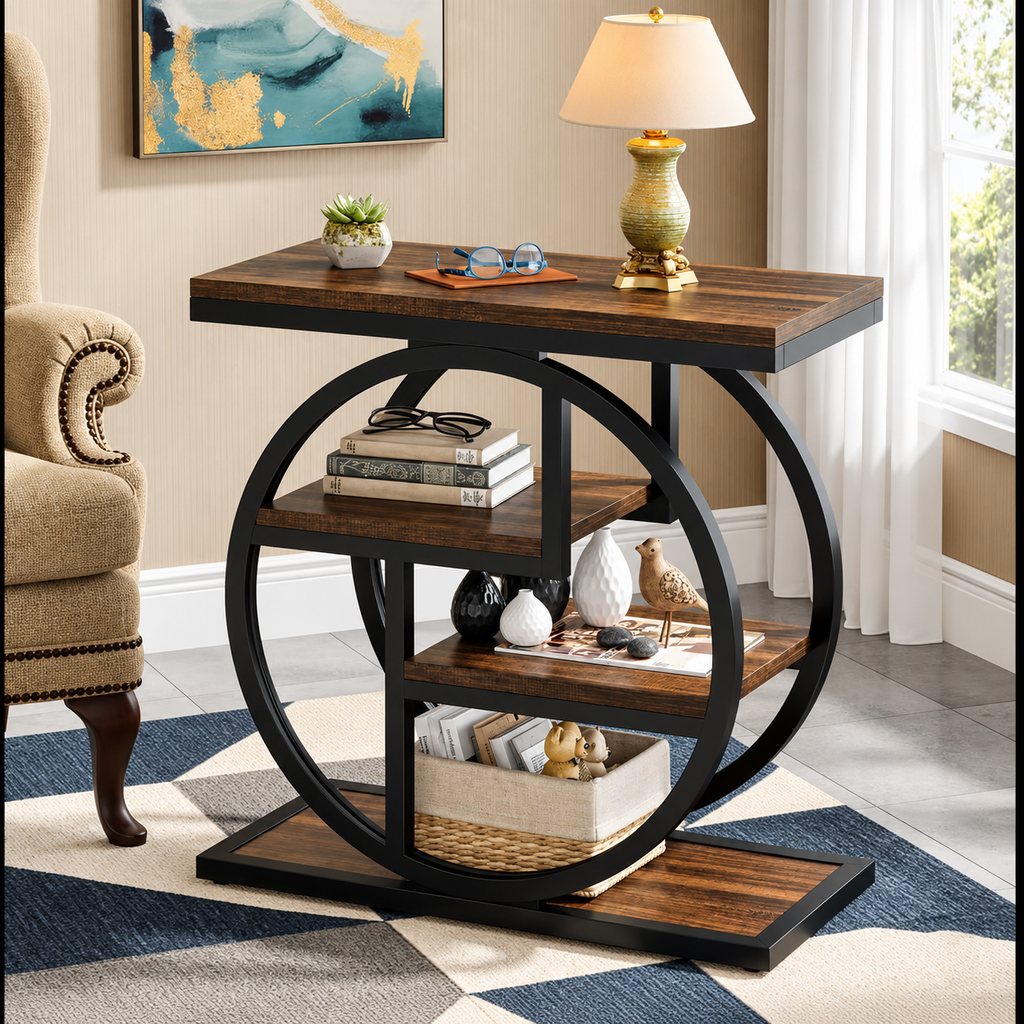 4-tier narrow end table between two blue armchairs with books and home decor