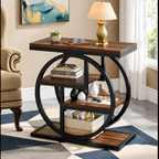 4-tier narrow end table between two blue armchairs with books and home decor